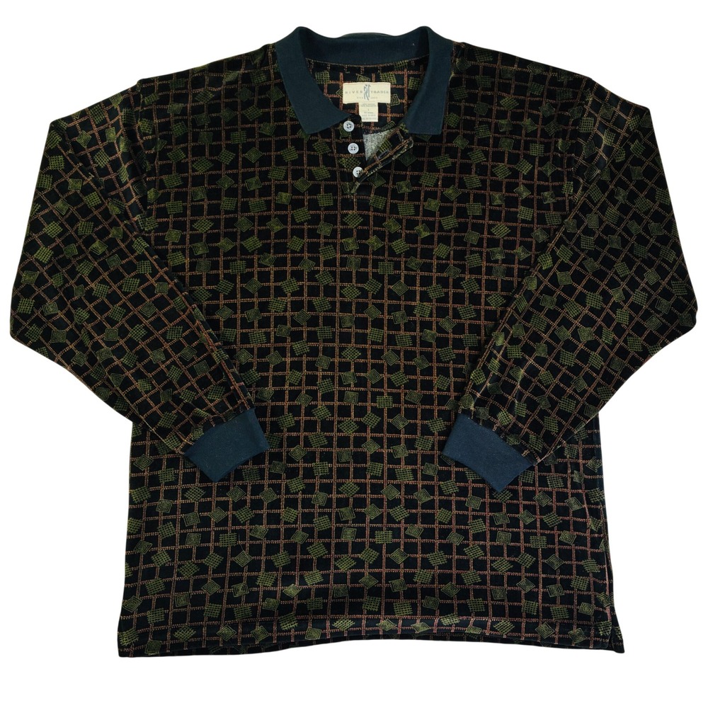 River Trader Mens Velour Long Sleeve Polo Shirt THICK Geometric Grid L Dadcore